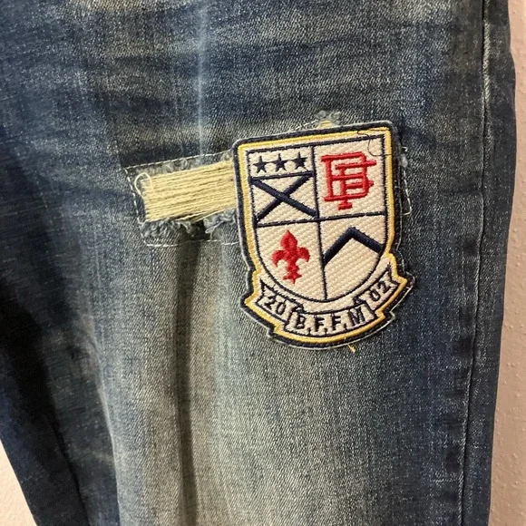 Born Fly Men's 36 ANYTOWN USA Y2K Grunge Distressed Denim Jeans Patchwork Zip - Picture 3 of 13